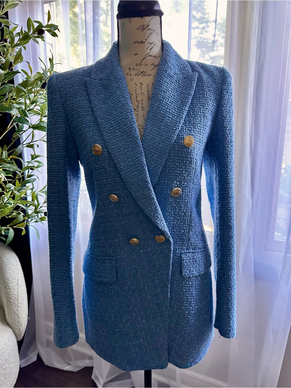 ZARA Blue Tweed Double Breasted Blazer Gold Buttons Women’s Size S